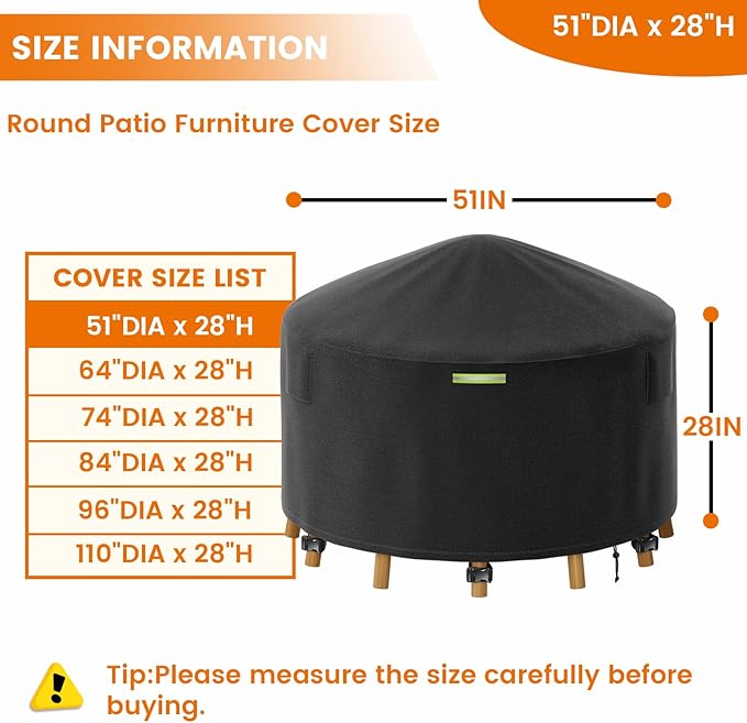 51 Inch Round Patio Furniture Covers with Support Pole, 800D Heavy Duty Waterproof Tear-Resistant Polyester Round Outdoor Table Cover