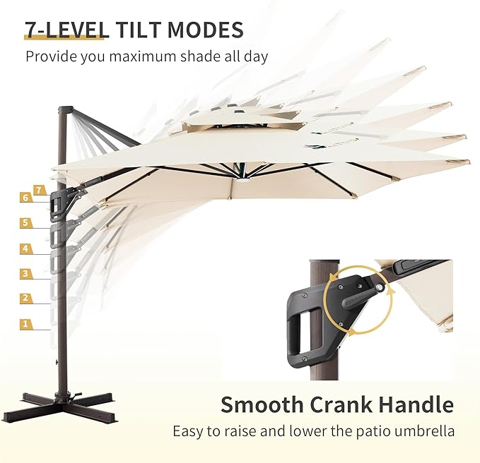 JZAC & QZYD 9x12 FT Outdoor Cantilever Patio Umbrella with LED Lights, Large Heavy Duty 2-Tier Aluminum Offset Umbrellas with 360-Degree Rotation for Pool Deck, Beige