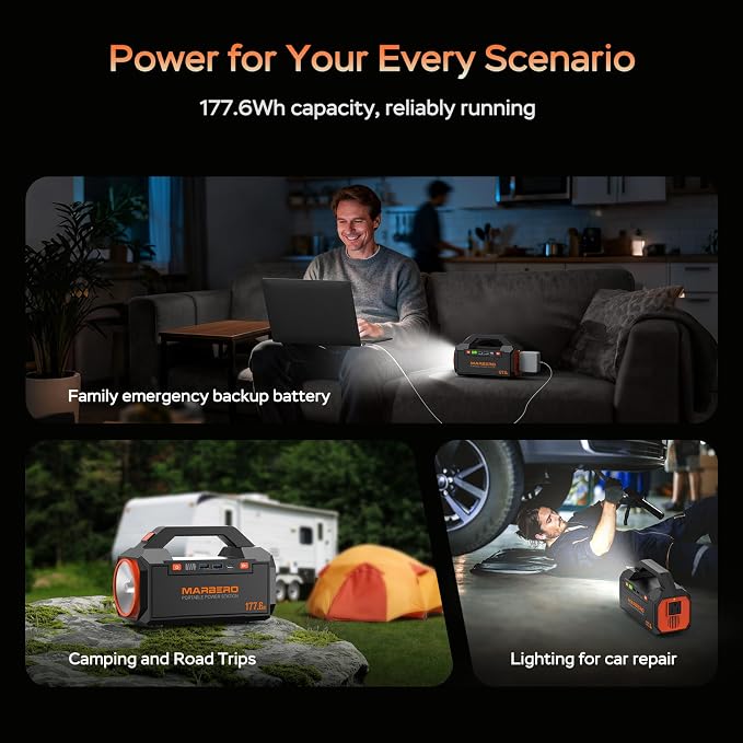 MARBERO Portable Power Station 177.6Wh Power Bank 150W Max Outdoor Camping Battery with LED Flashlight Fast Charger for Outdoor Adventure Hunting CPAP Home Backup Business Trips Emergencies
