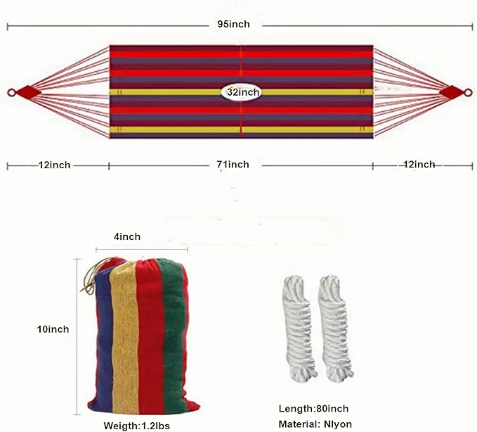 Single Person Rainbow Cotton Fabric Canvas Travel Hammocks 500lbs Ultralight Camping Hammock Portable Beach Swing Bed with Carrying Bag for Outdoors and Indoors