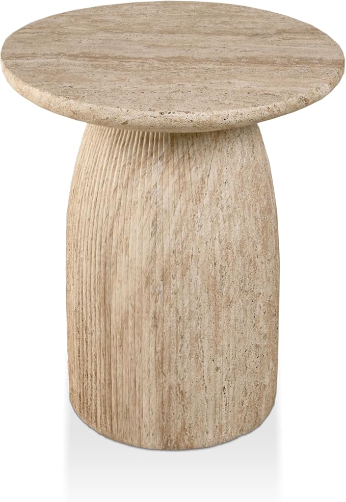 24/7 Shop at Home Ranera Modern 17-inch Natural Stone Side Table with Round Pedestal Base, Marble Nightstand, Fluted Patio End Table, for Living Room, Covered Outdoor Spaces, Light Brown Travertine