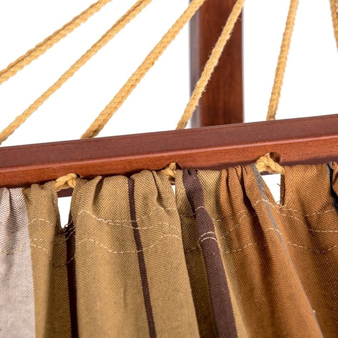 Lazy Daze Hammocks Cotton Fabric Spreader Bar Hammock and 10.5 Ft Wood Arc Hammock Stand Combo, for Indoor, Outdoor, Patio, Garden, Backyard, Khaki and Brown