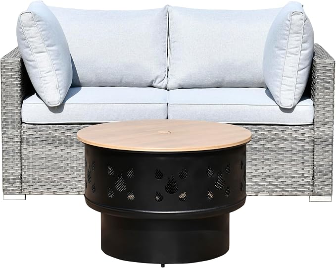 HOOOWOOO 3-Piece Outdoor Wicker Patio Furniture Set, Modular Sectional Sofa with Cushions and Fire Pit Table, All-Weather Rattan Garden Seating for Patio, Porch, or Balcony (Grey)