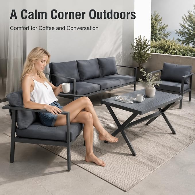 Aluminum Patio Sectional Furniture Set,4 Piece Patio Conversation Sets Outdoor Patio Furniture Set Sofa with Coffee Table & Washable Cushions Grey