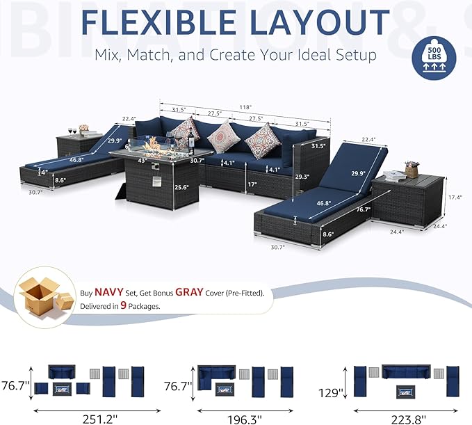 NICESOUL 9 Piece Outdoor Patio Furniture Set with Fire Pit, Modern Backyard Sectional with Chaise Lounge, Cozy 29.3'' High-Back Outside Seating Sofa, All-Weather Wicker Couch for Garden, Grey & Blue