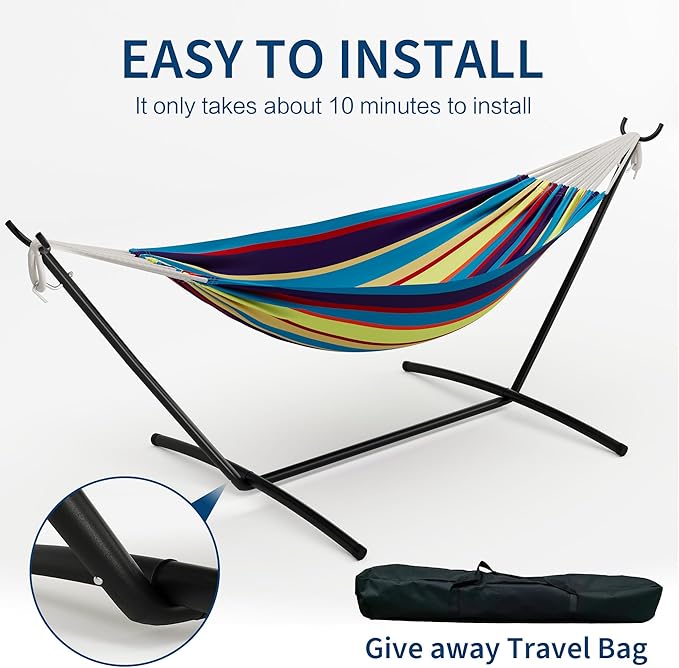 Double Hammock with Stand - Heavy Duty 450lbs Capacity, Portable Cotton Hammock for 2 Adults, Indoor & Outdoor Use with Travel Bag, Quick Assembly, Tropical Stripe Pattern