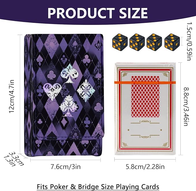 Leather Playing Card Box/Case, 4.7''x3''x1.3'' Deck of Cards Holder - Fits Bridge Cards, Playing Card Storage Box for Outdoor Travel Gaming (Purple)