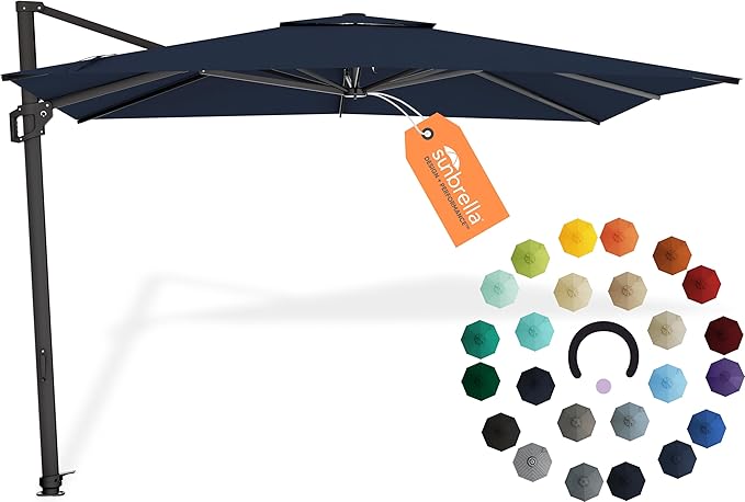 Midtown Umbrellas 9 x 9 Ft Outdoor Cantilever Patio Umbrella w/Sunbrella Canvas Navy Fabric - 360° Rotate Offset Patio Umbrella, Deck Patio Umbrella, Backyard Umbrella & Garden Umbrella - Black Frame