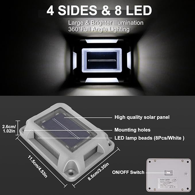 Solar Deck Lights Driveway Dock Lights- 8 Packs Waterproof 1200mAh Solar Powered Outdoor LED Aluminum Dock Lighting Road Markers Step Light for Driveway Sidewalk Garden Pathway Yard (White)
