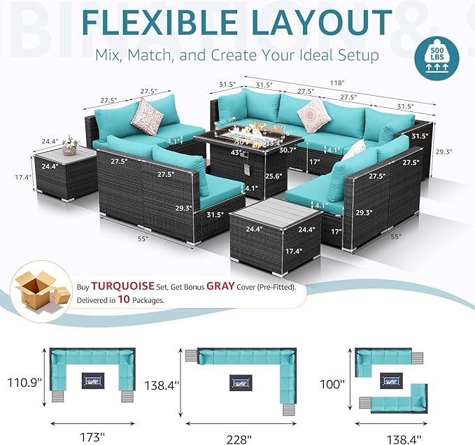 NICESOUL 13 Piece Outdoor Sectional Furniture with Firepit, Contemporary Back Yard Fireplace w/Seating Area, Plus Size 29.3'' High Back Patio Set, All-Weather Wicker Couch for Exterior, Gray & Teal