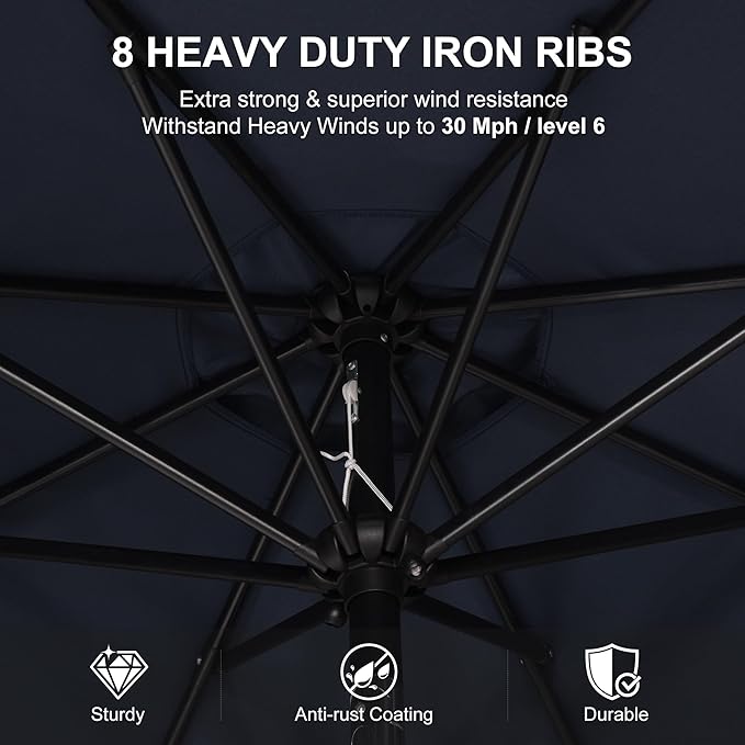 PURPLE LEAF 9' Round Patio Umbrella Outdoor Table Umbrella Aluminum Frame Market Umbrella with 8 Sturdy Ribs & Tilt for Garden Deck Lawn Pool Navy Blue