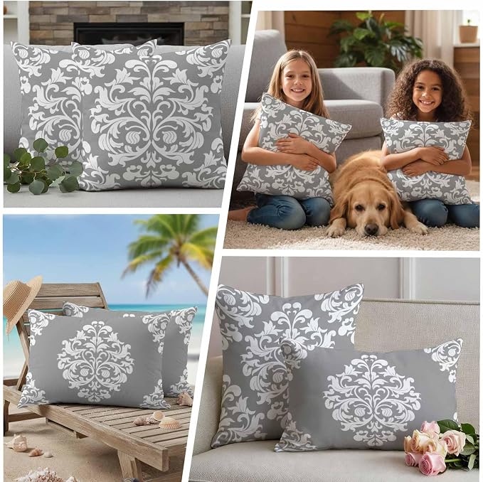 Outdoor Pillow Covers Set of 2, Damask Abstract Flower Grey Decorative Throw Pillow Covers 18X18IN, Classic Luxury Floral Throw Pillows Protector Cushion Case for Patio,Couch,Sofa,Garden