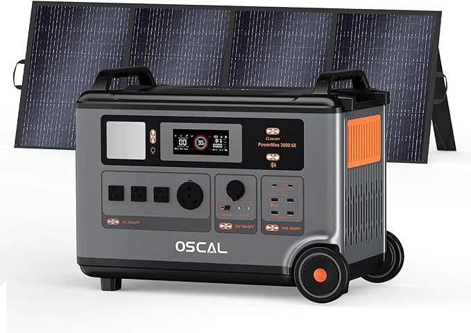 OSCAL Portable Power Station 3600Wh PowerMax 3600 SE With 400W Solar Panel, 3600W (Surge 7200W) Output, LiFePO4 Solar Generator for Home Use, Power Outage, Camping, RV, Emergencies