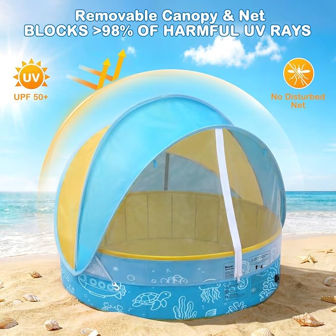Foldable Kiddie Pool with Canopy, 47IN Portable Hard Plastic Kids Baby Swimming Pool, Sunshade & Non-Slip Beach Tent for Kids Ages 2-6, Outdoor Backyard Graden Water Play