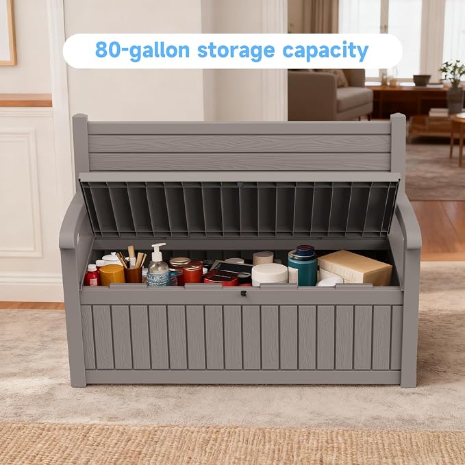 70 Gallon Outdoor Storage Bench， Waterproof and Lockable Outdoor Storage Box, Durable Resin Deck Box for Patio, Backyard, Garden, Porch(Grey)