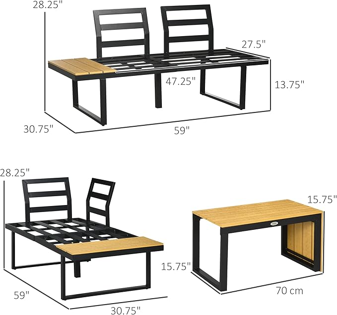 Outsunny 3 Piece Patio Furniture Set with Cushions, Aluminum Frame Outdoor Conversation Sofa Set w/Two Loveseats and Wood Grain Plastic Top Coffee Table/Side Table, Dark Gray
