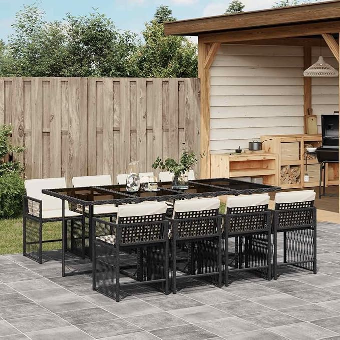 9 Piece Garden Dining Set, Outdoor Patio Furniture Set with 86.6" Large Rectangular Table and 8 High Back Foldable Poly Rattan Chairs for Backyard, Deck and Porch, Black