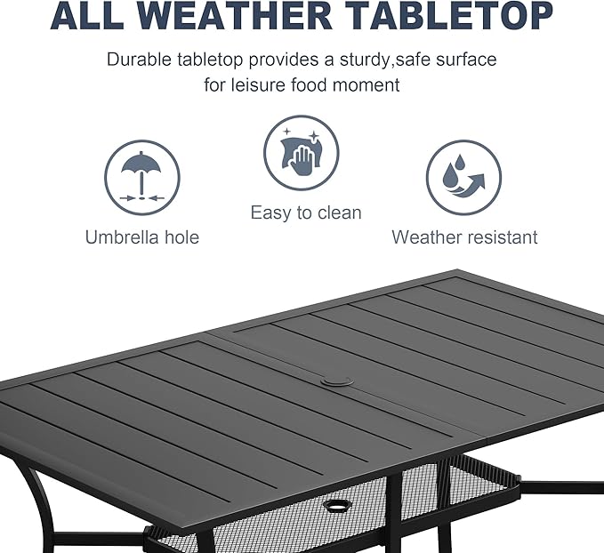 VICLLAX 7 Pieces Outdoor Dining Set, Patio Furniture Set Includes 59" Rectangular Metal Table W/ 1.9" Umbrella Hole and 6 Padded Textilene Swivel Chairs for Porch, Lawn, Garden, Backyard