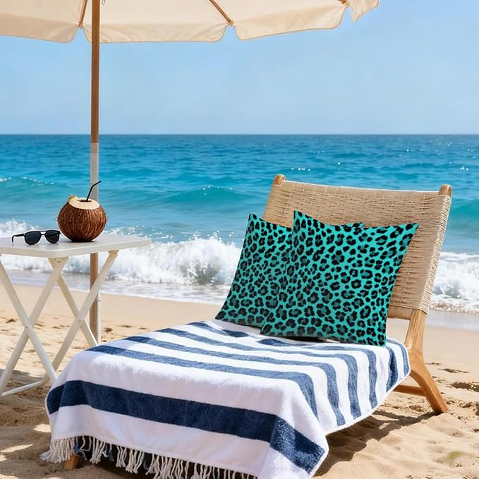 22x22 Inch Outdoor Pillow Covers Set of 2 Waterproof Throw Pillow Covers Decorative Couch Cushion Covers Leopard Print Turquoise Square Pillowcases Protectors for Patio Garden Sofa