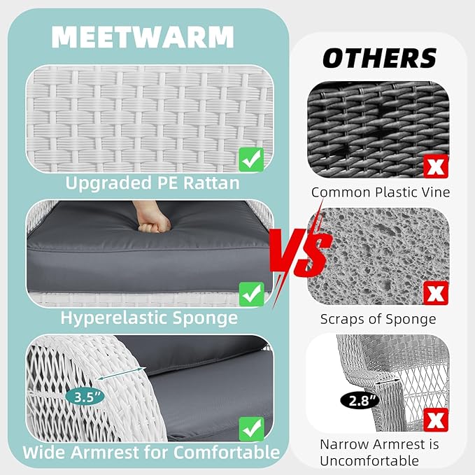 MEETWARM Patio Wicker Rocking Glider Set, All-Weather Outdoor Rattan Patio Rocking Chairs of 2, Patio Conversation Set with Thickened Cushions for Garden Porch & Backyard, White Wicker/Grey