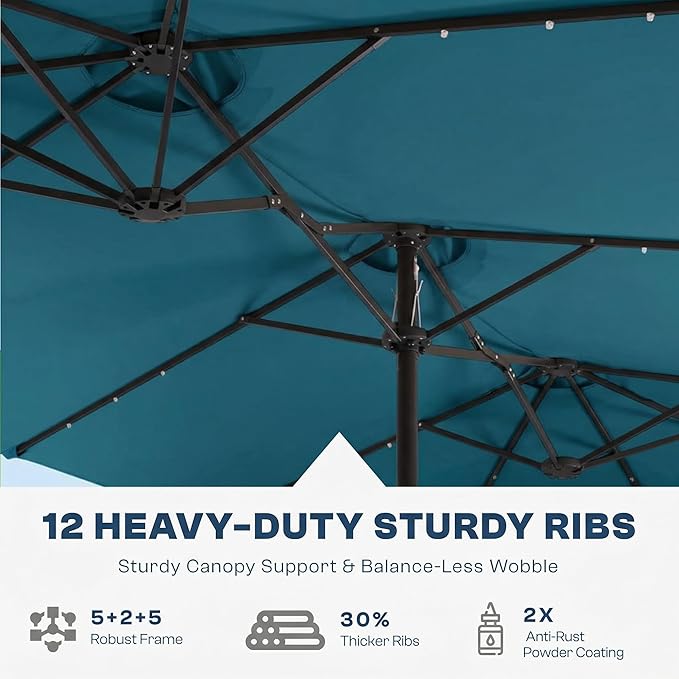 15FT Large Outdoor Patio Umbrella with Solar Lights and Base, Double-Sided Table Umbrellas with 48 LED Lights, Rectangle Market Umbrella for Pool, Deck, Backyard