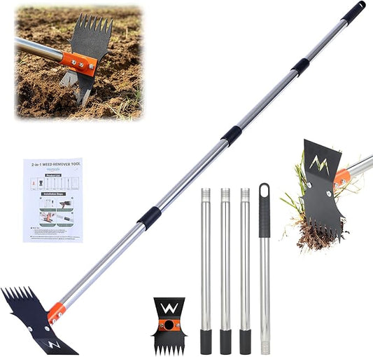 Weed Puller Tool with Long Handle, 60" Stand Up Manual Weed Remover Tool, 7-Tine Heavy Duty 2-in-1 Weed Rake & Grabber and Garden Hoe, Uprooting Weeding Pull Tool for Yard Lawn Patio Garden Flower Bed