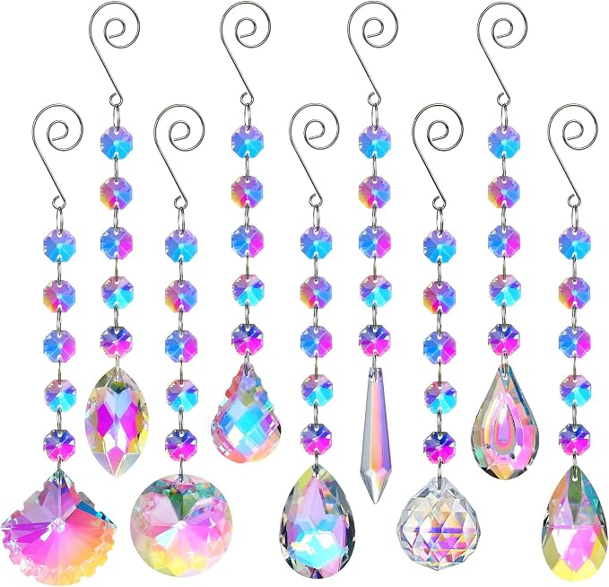 9 Pack Crystal Prisms Suncatchers for Windows Hanging Sun Catchers Indoor | Sun Catchers with Crystals,Colored Beads Suncatchers,Glass Pendant for Chandeliers, Garden, Christmas Tree Decoration Gift