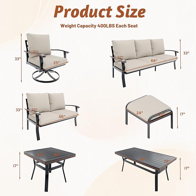 HOMREST Outdoor Furniture Thickened Cushion 360 Degree Swivel Rocking Patio Chairs with Ottomans and 3-Seat Sofa, Loveseat, Coffee Side Table, 8 PCS Metal Conversation Set for Garden, Deck, Poolside