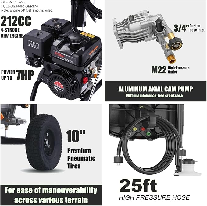 Commercial 4200PSI 4GPM 212CC Gas Pressure Washer, 7.0 HP Professional Gas Power Washer with 5 Nozzles 25FT Hose IL Soap Bottle for Car Fence Driveway Yard (EPA/CARB/ETL Compliant), Black