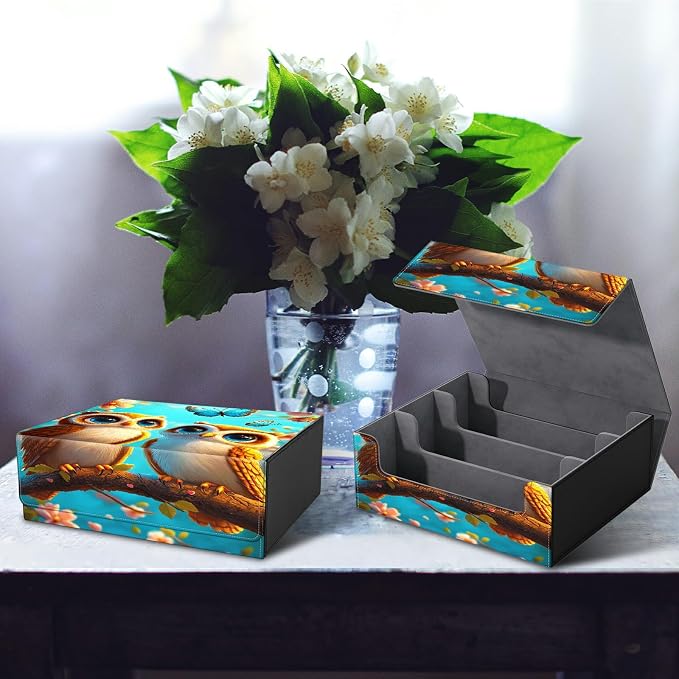 Card Deck Box for MTG, Cards Storage Box Fits 120+ Sleeved, Leather Big Size Strong Magnetic Closing Case for Board Games Magic TCG CCG Baseball Collection Women Man, Owl Blue