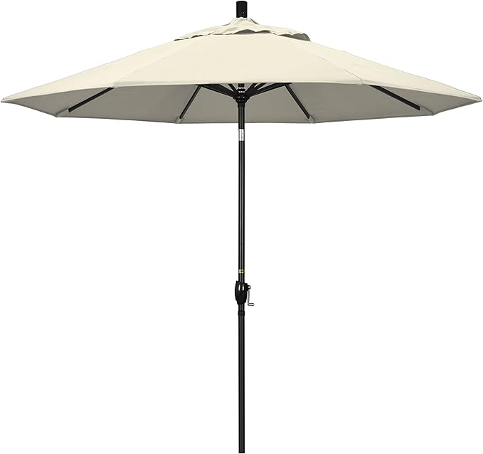 California Umbrella 9' Round Aluminum Market Umbrella, Crank Lift, Push Button Tilt, Black Pole, Antique Beige Olefin