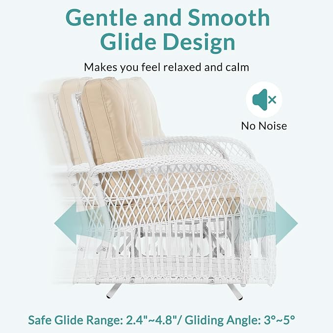 MEETWARM 4 Pieces Outdoor Wicker Patio Conversation Sets with Glider Loveseat, 2 Chairs with Coffee Table Wicker Rocking Glider Set, Rattan Conversation Set with Thickened Cushions, White/Beige