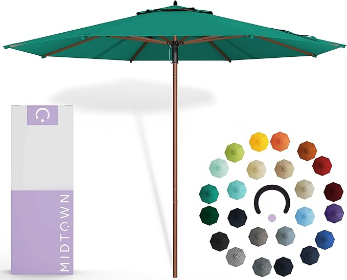 Midtown Umbrellas The Wooden 10 Feet Patio Umbrella With Sunbrella Canvas Teal Acrylic Fabric - Aluminum Frame Market Umbrella For Backyard, Deck, Garden, Pool - Wooden Pole