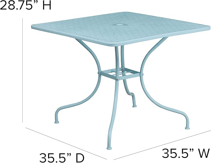 EMMA + OLIVER Commercial Grade 35.5" SQ Sky BL Indoor-Outdoor Steel Patio Table-Umbrella Hole