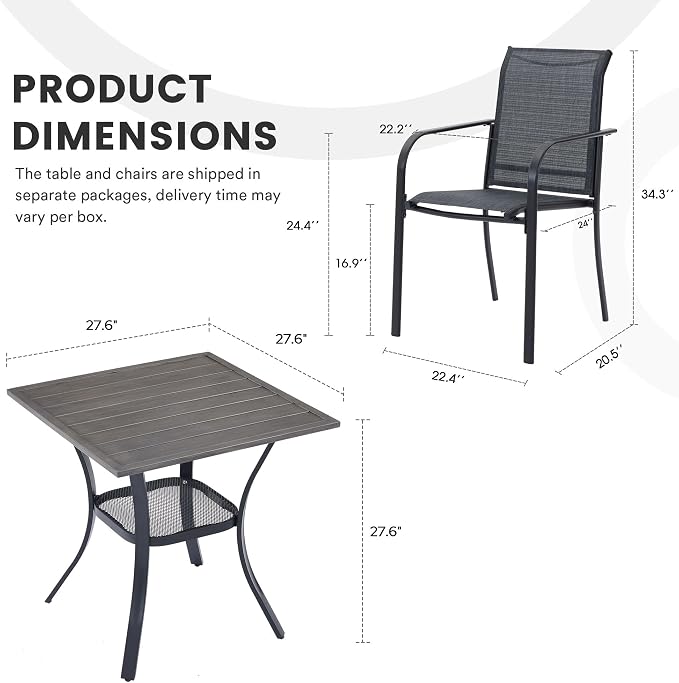 3 Pieces Patio Dining Set, 28" Square Dining Table with Storage Shelf, 2 Stackable Textilene Fabric Chairs, Metal Structure for Patio, Porch, Garden(Grey Table, Grey Chair)
