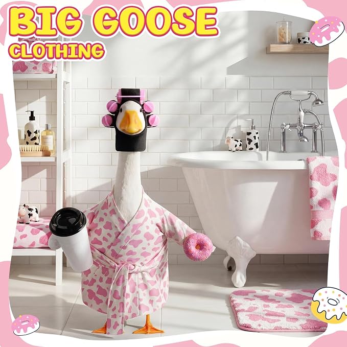 Shyyween Lady Porch Goose Outfit for 23'' Cement Plastic Lawn Goose Statue Clothes Cow Bathrobe Coffee Cup Curlers for Outdoor Garden Yard Patio Decoration