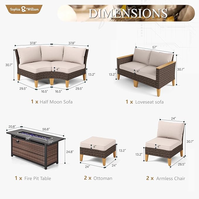 Sophia & William Patio Furniture Set with Fire Pit Table, 9 Piece Half Moon Outdoor Wicker Sectional Sofa Set, Rattan Conversation Set with 56-Inch Fire Pit Table & Ottoman (Beige)