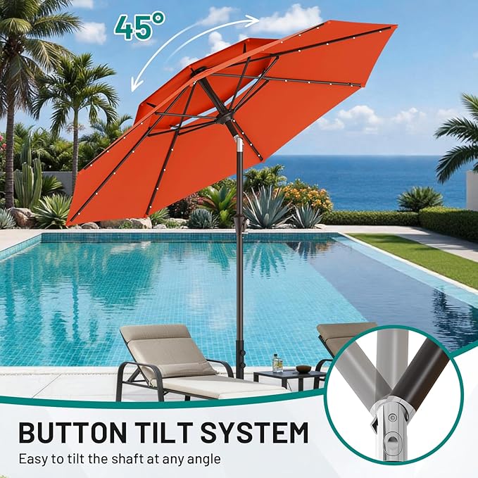 AreShark 9ft 2 Tiers Patio Umbrella with Solar Lights, Outdoor Umbrella w/ 32 LED Lights&8 Sturdy Ribs, Table Umbrella for Deck, Backyard, Pool(Orange)