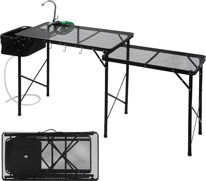 REDCAMP Lightweight Camping Kitchen Table with Sink, Metal Folding Portable Camping Cooking Station Grill Table with Hooks for Outdoor, BBQ, Party and Picnic(Faucet/Sprayer Included)