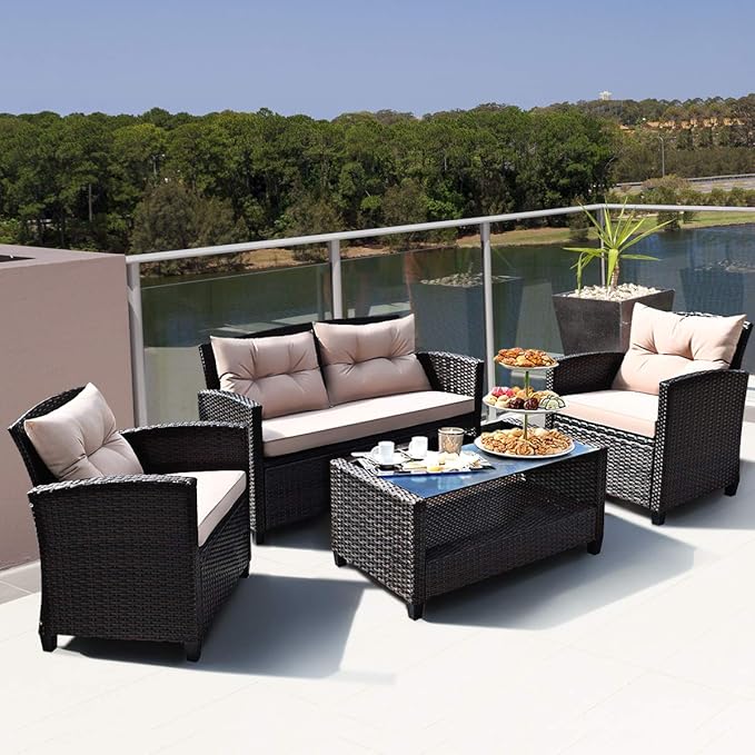 HAPPYGRILL 4-Piece Patio Conversation Set Rattan Wicker Chair Furniture Set with 1 Loveseat, 2 Single Sofas, 1 Coffee Table, Outdoor Indoor Furniture Sets for Backyard Porch Garden Poolside Balcony