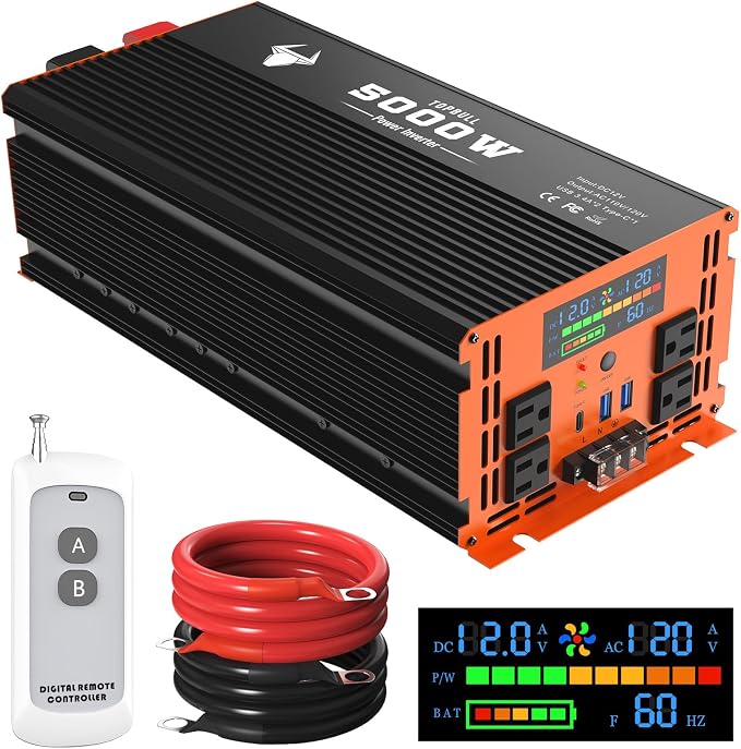 5000 Watt Power Inverter 12V DC to 120V/110V AC for Vehicles RV, Truck, Solar, Home, Off-Grid Car Converter Surge 10000W with 4 AC Outlet, 2 USB-A Port, 200ft Remote Control and 3 AC Terminal Blocks