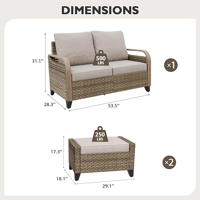 EAGLE PEAK Modern Wicker Outdoor Patio Furniture Set, Patio Conversation Set, a 2-Seat Loveseat and 2 Ottomans, 3 Pieces, Brown/Gray
