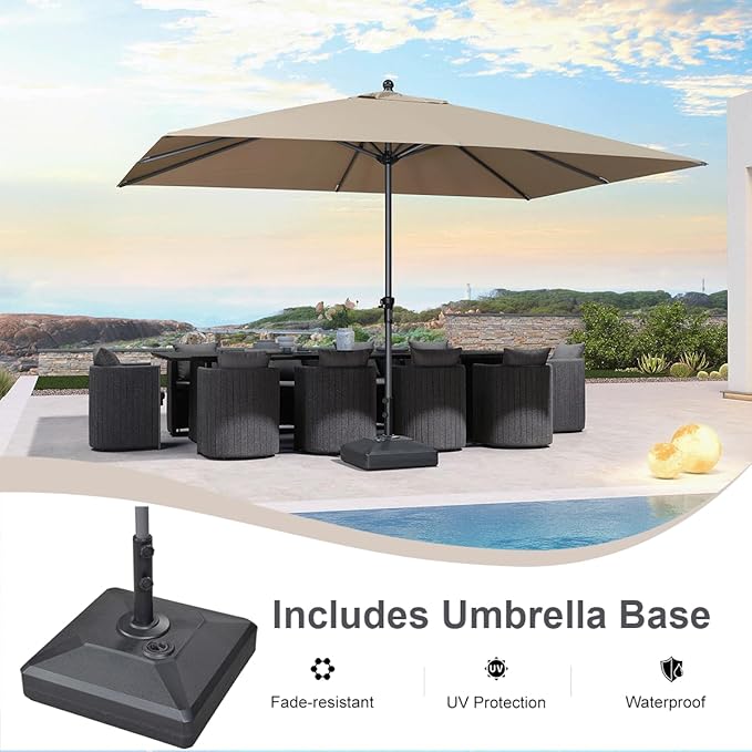 PURPLE LEAF 12' x 9' Rectangle Patio Market Umbrella with Base Outdoor Table Umbrellas Aluminum Frame Sun Shade with 8 Sturdy Ribs for Garden Deck Lawn Pool Taupe
