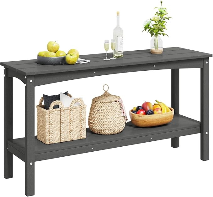 Costaelm Adirondack Outdoor Side Table, 55” HDPE Small Outside Table with Storage Shelf, Weather Resistant Plant Shelf, Outdoor Coffee Table and Buffet Table for Pool & Yard, Gray