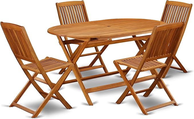 East West Furniture DICM5CWNA 5 Piece Patio Bistro Dining Furniture Set Includes an Oval Outdoor Acacia Wood Table and 4 Folding Side Chairs, 36x60 Inch, Natural Oil