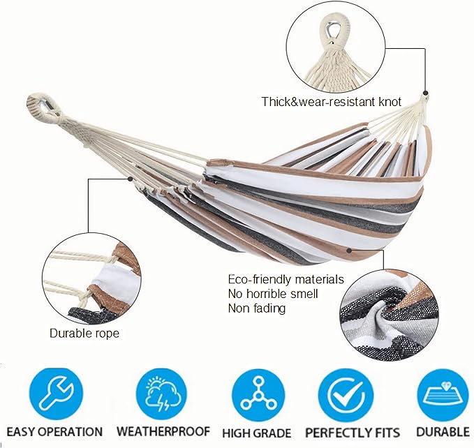 Comfortable Camping Hammock for 2 Preson Portable Hammock with Hanging Ropes & Carry Bag, Large79''x60''Cotton Hammock Up to 550lbs&Heavy Duty Carabiners for Camping Outdoor/Indoor Patio Backyard