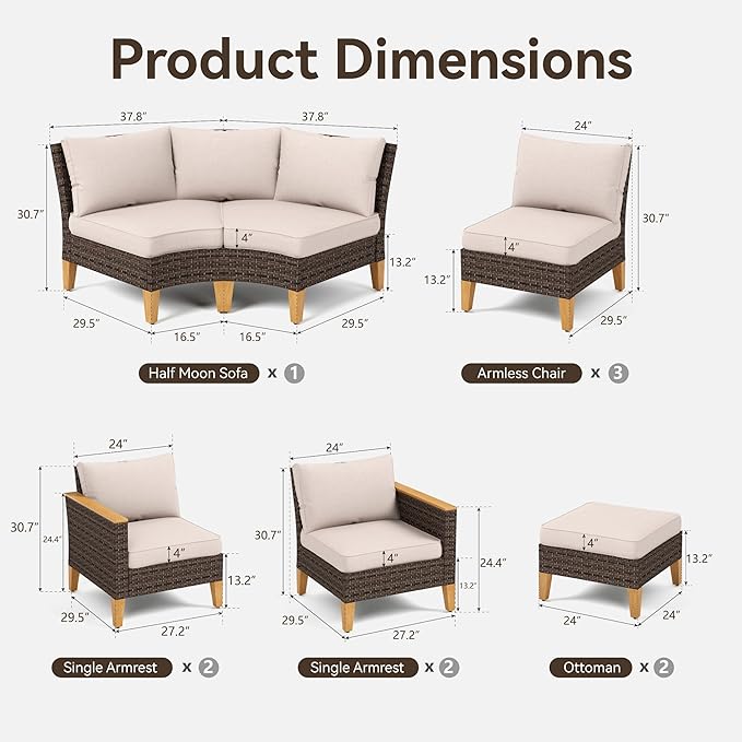 GREEN PARTY 11 Pieces Wicker Patio Furniture Set, All-Weather Outdoor Rattan Half-Moon Curved Patio Sectional Sofa Conversation Set with 4" Thick Cushions for Garden, Backyard, 2 x Ottomans