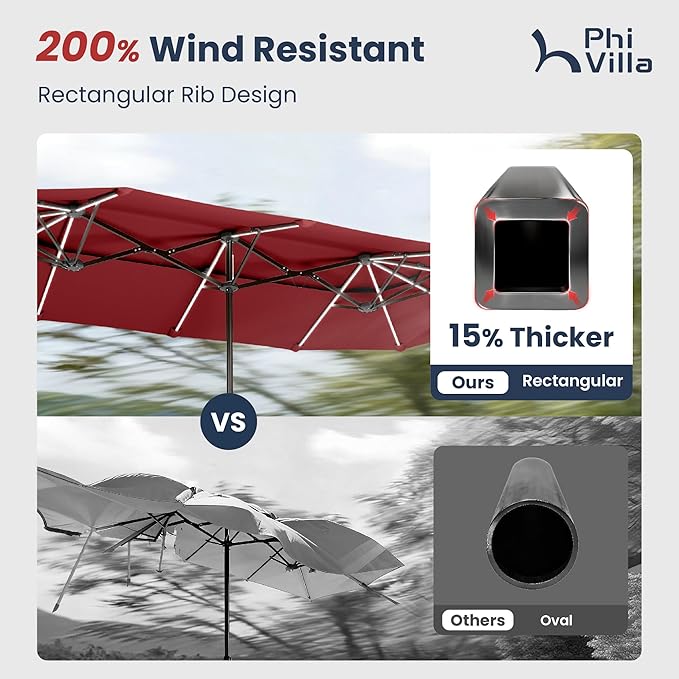 PHI VILLA 13ft Patio Umbrella with 120 PCS Solar-Powered LED Color-Changing Lights, 2-Tier Double-Sided Large Rectanglular Umbrella with Base Included, Wine Red