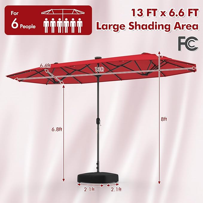HAPPYGRILL Double-Sided Patio Umbrella with Solar Lights, 13FT Large Umbrella with Base Included, Crank Handle, Market Twin Table Umbrella for Outdoor Backyard Garden Poolside