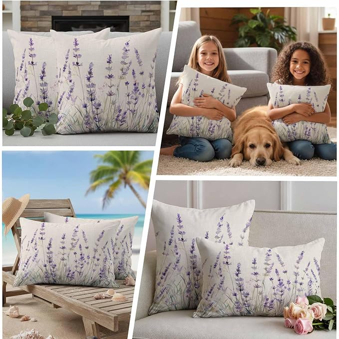 Spring Flower Outdoor Waterproof Throw Pillow Covers Set of 2, 16"x16", Vintage Purple Lavender Linen Texture Decorative Pillow Covers Outside Cushion Case for Patio Porch Garden